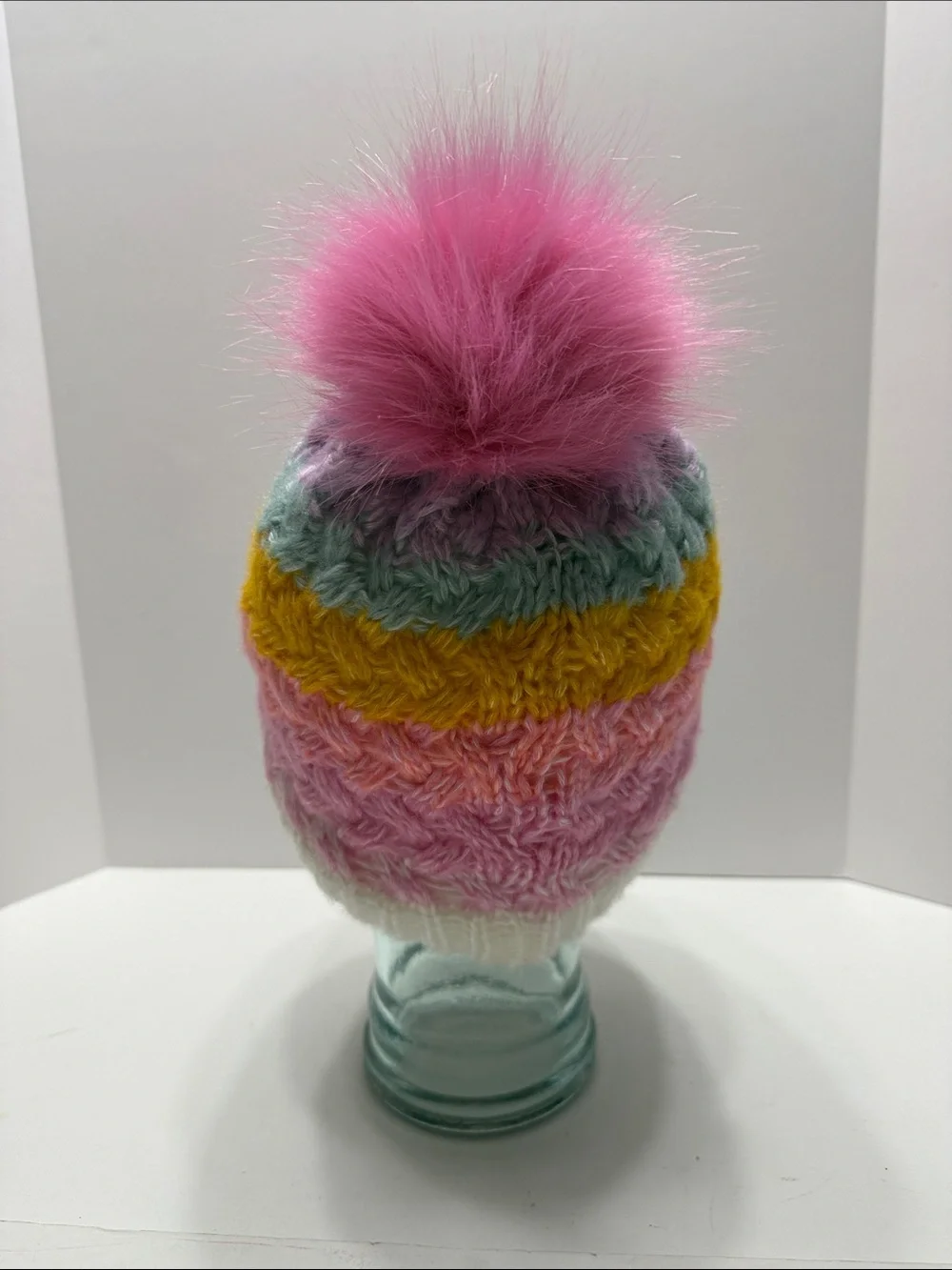 wonder nation Pink Multicolor Knit Pom Beanie with Faux Fur Pom